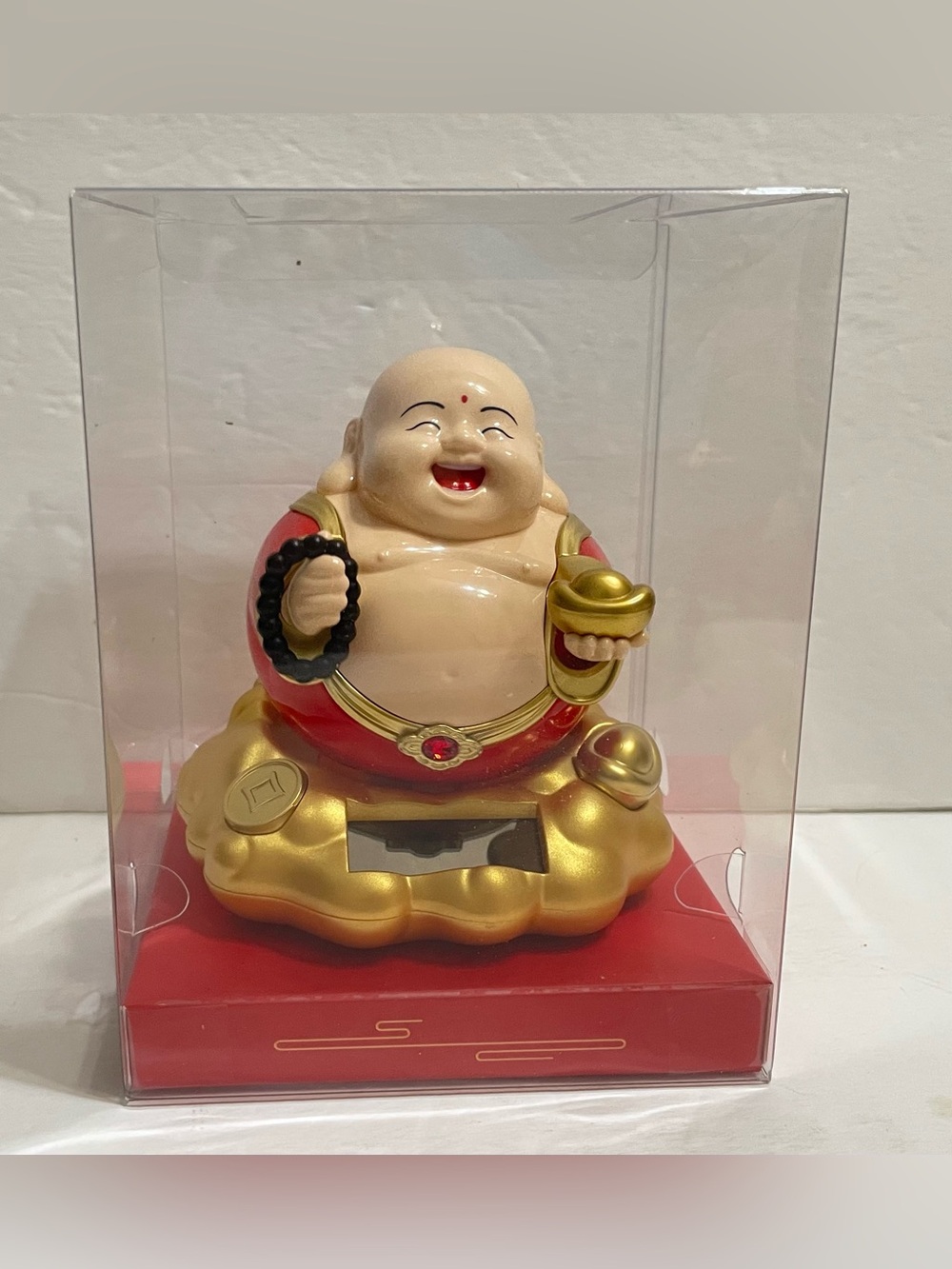 SOLAR POWERED Happy BUDDHA With Yuan Bao & Prayer beads figuire Toy 4”